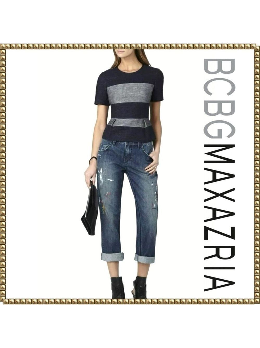BCBGMAXAZRIA Linen Blend Peplum Top Navy Gray Extra Small